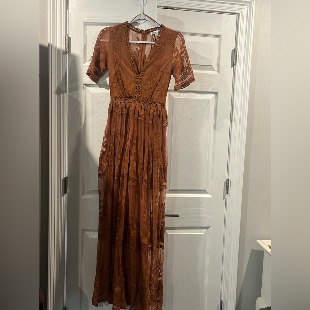 Brown Lace Maxi Dress with V-Neck and Tie Back